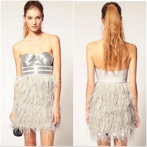 • { ASOS } •  bandeau dress with feathered skirt